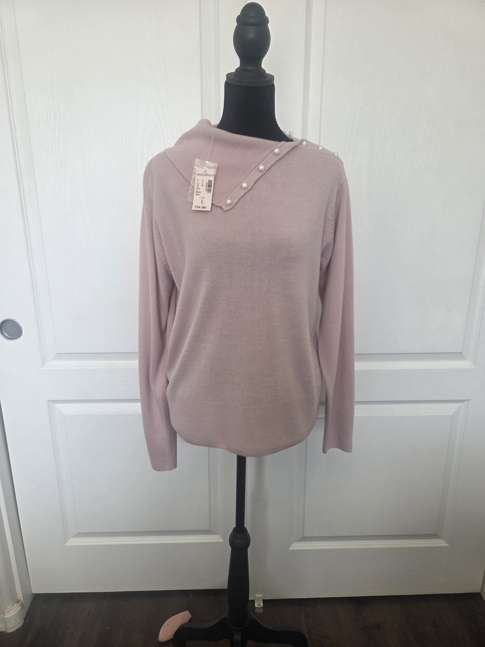Dress Barn Pink Cowl Neck Sweater with Pearl Trim